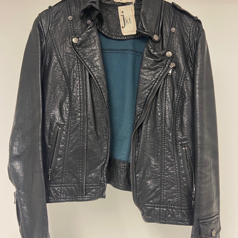 JKT brand women’s black leather moto jacket